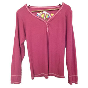 Y2K Womens Henley Waffle Knit Thermal Top Size S Hot Pink Preppy Bella Swan Insp